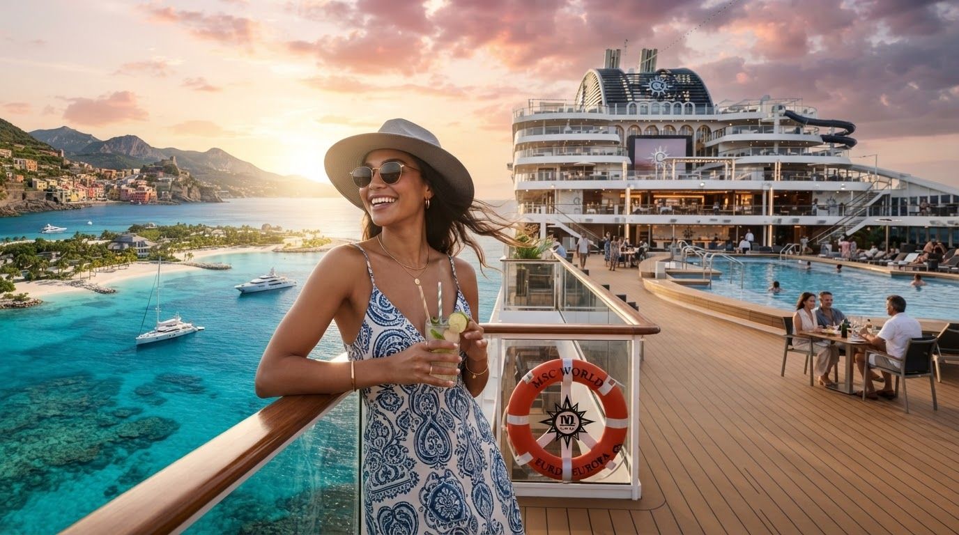A majestic modern cruise ship sailing in scenic waters, representing the MSC Cruises expansion.