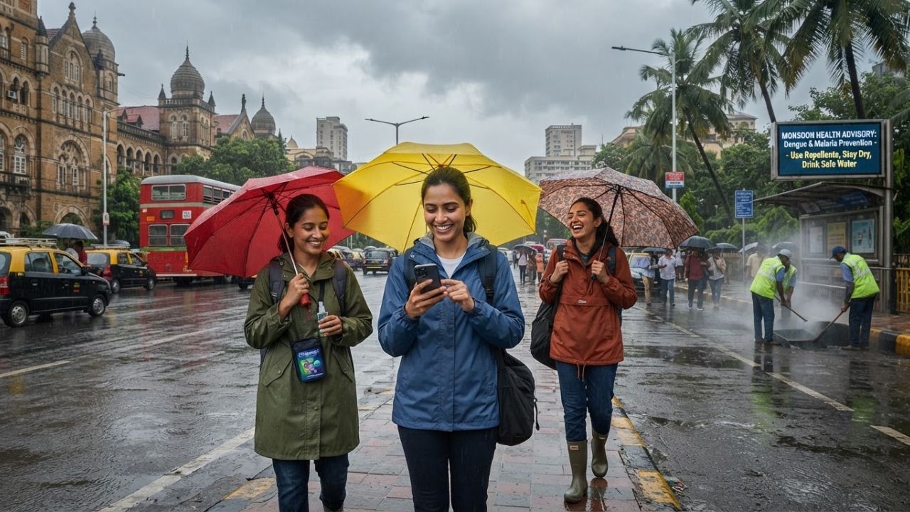 A rainy street scene in Mumbai during monsoon with pedestrians walking with umbrellas near waterlogged roads.