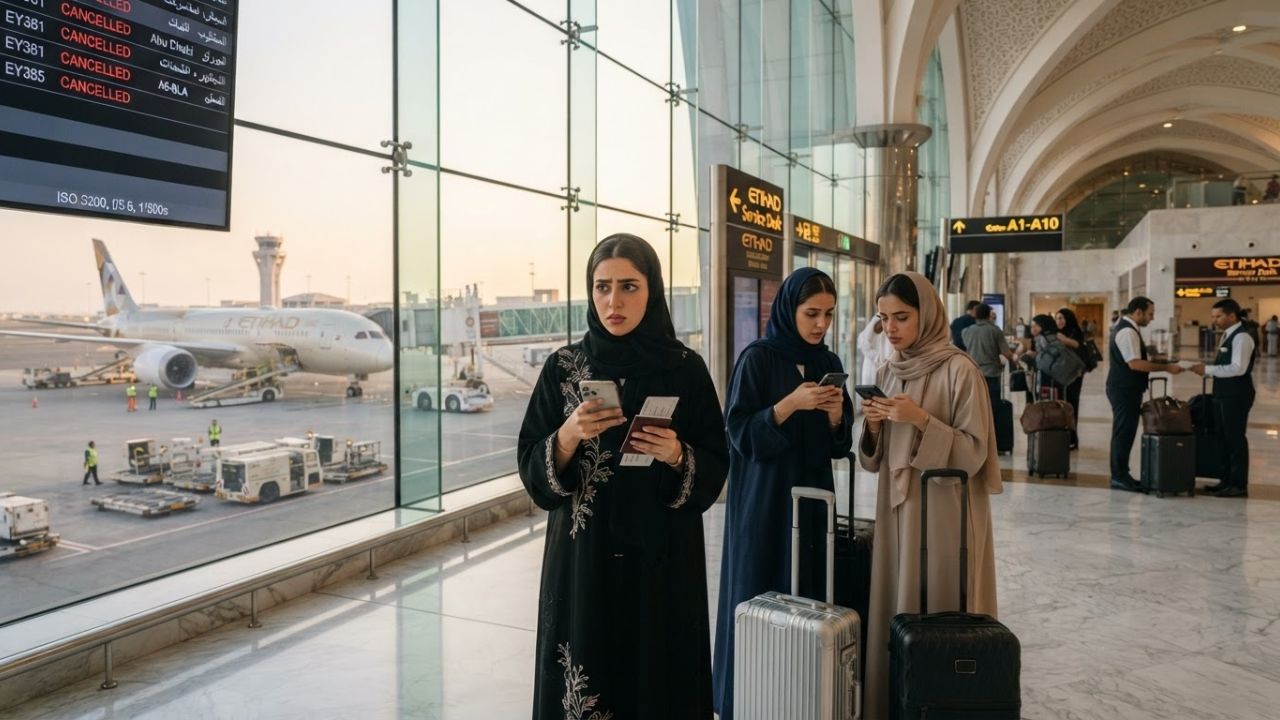 Etihad passenger jet parked at Muscat Seeb International Airport terminal gates