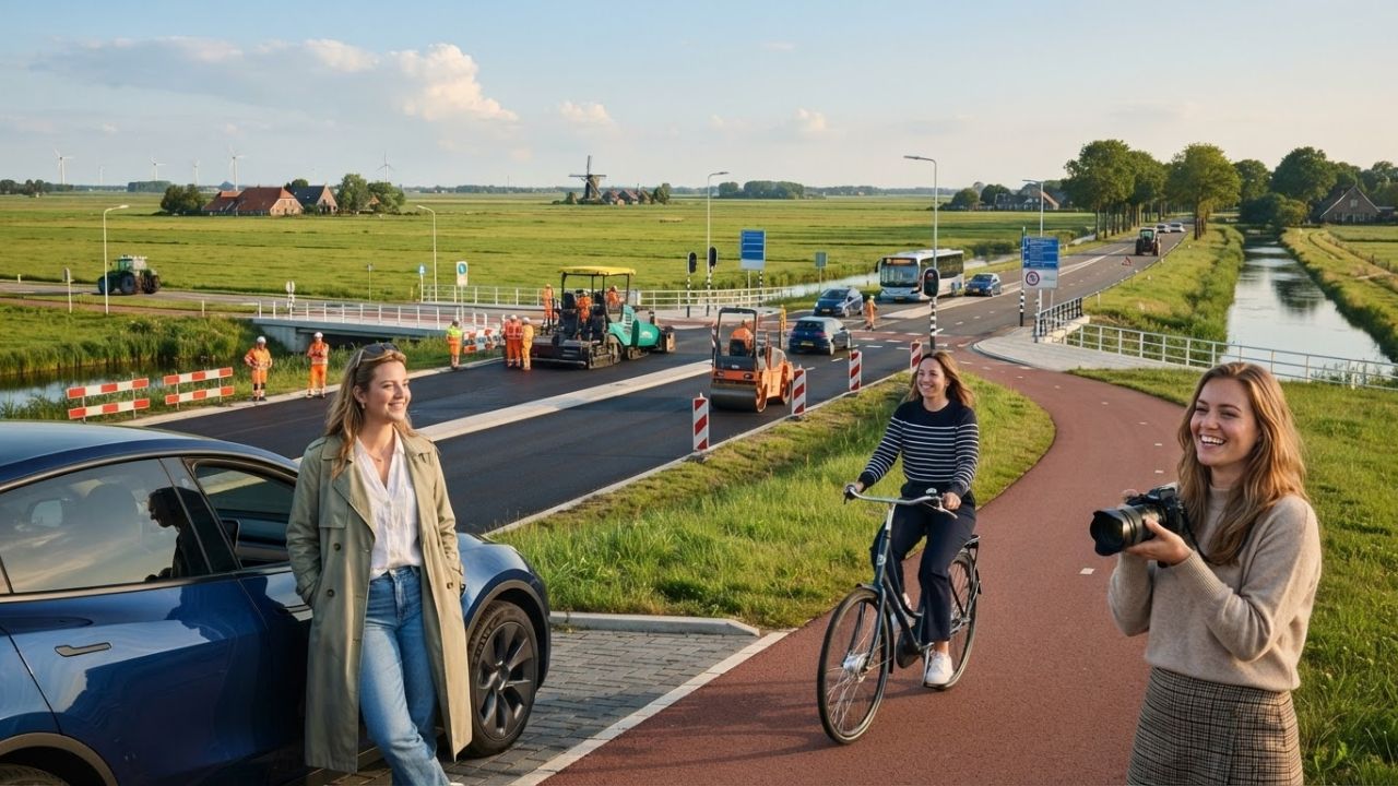 A scenic aerial view of a modern regional road in Drenthe, Netherlands, with safety signage and detour markers under a clear sky.