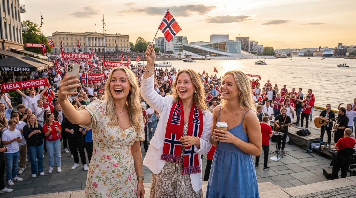A lively crowd of football fans celebrating in Oslo near the waterfront with Norwegian flags flying.