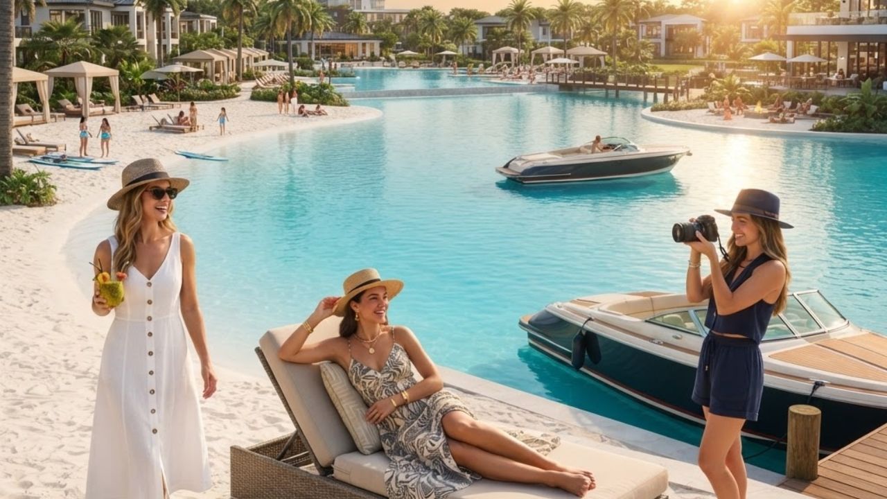 A scenic sunset over Evermore Bay in Orlando, featuring a luxurious private electric boat gliding through the calm waters.