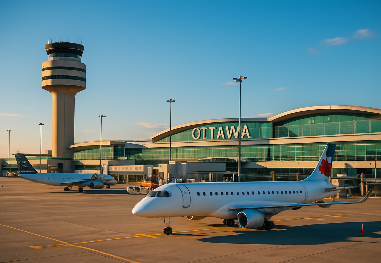 A view of the terminal gates and runways at Ottawa Macdonald-Cartier International Airport