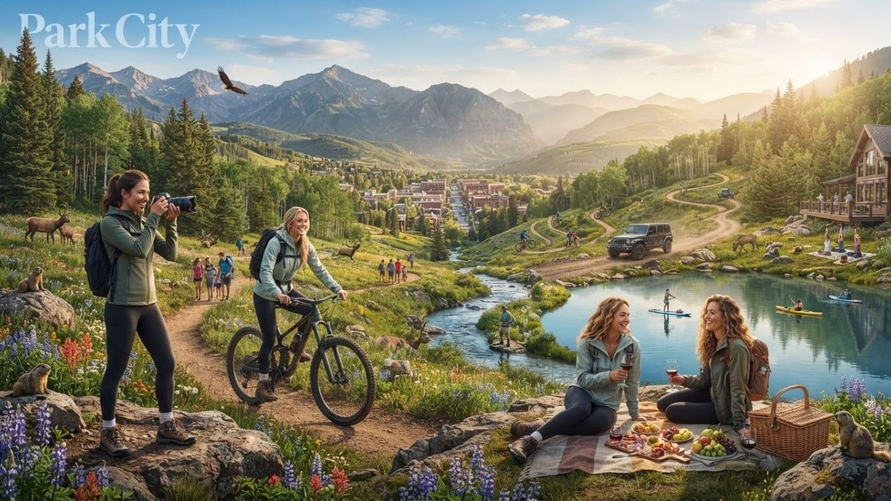 A majestic view of green alpine trails in Park City, Utah, surrounded by wildflowers and pine trees under a clear blue sky.