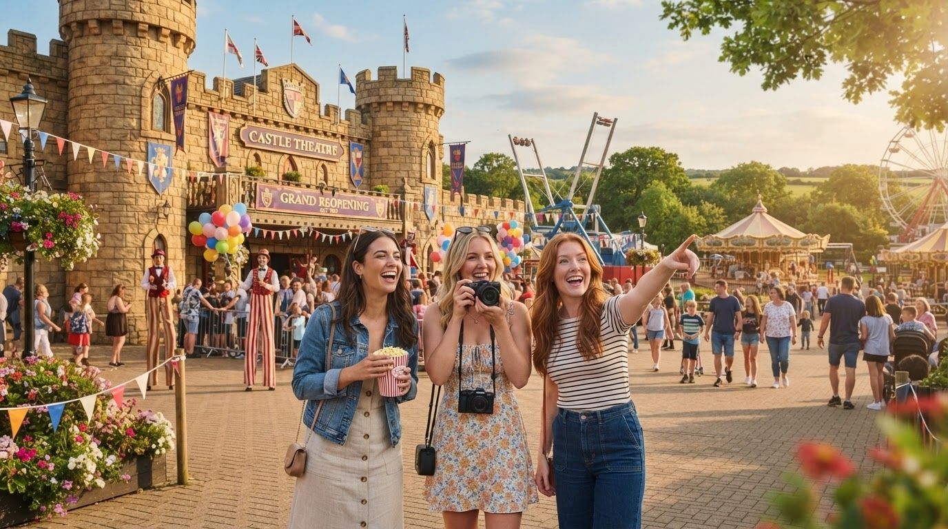 A vibrant illustration of a historic castle theatre with flags, hosting circus acts and family entertainment.