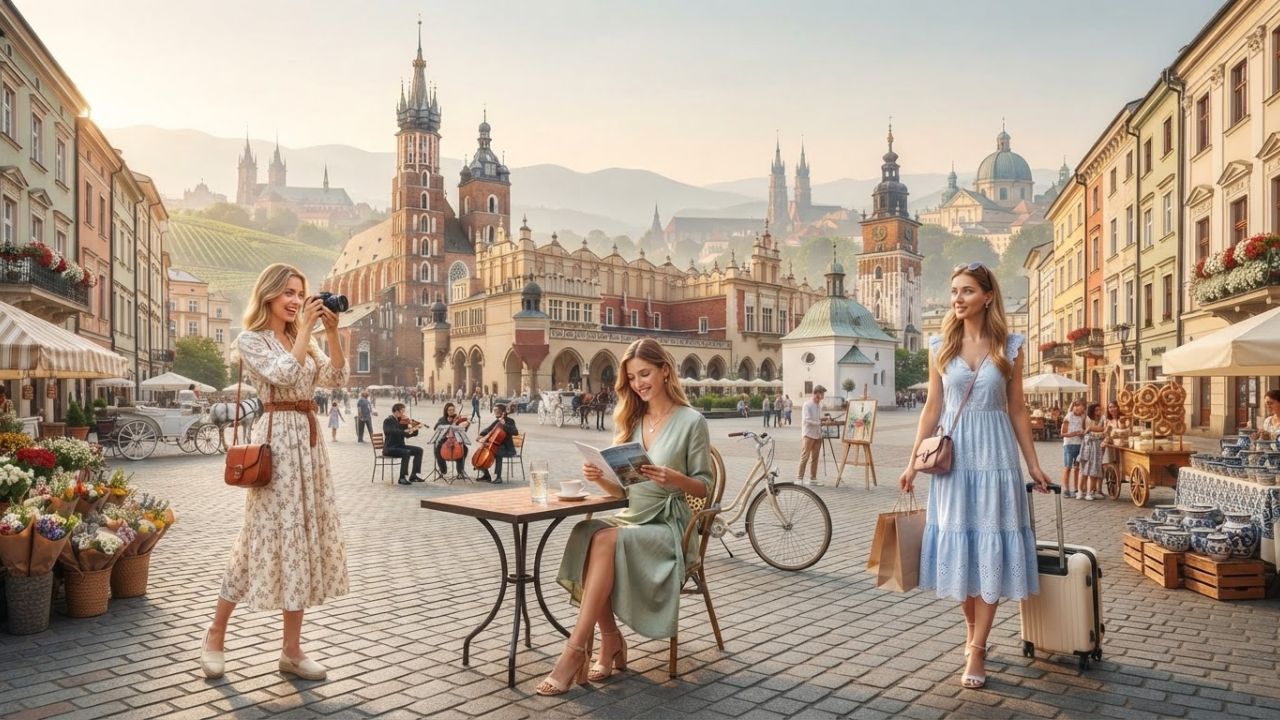 A scenic historic street in Warsaw, Poland, showing colorful historic buildings under a clear sky.