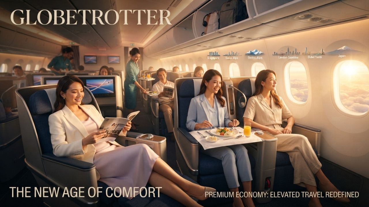 A beautifully arranged gourmet meal served on a luxury table setting, representing premium cabin dining on long-haul flights.