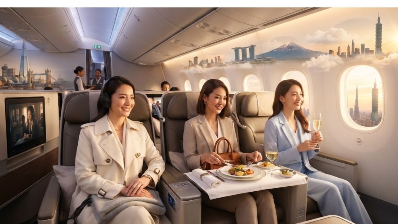 Spacious premium economy aircraft cabin showing wide leather seats, representing the luxury travel revolution.