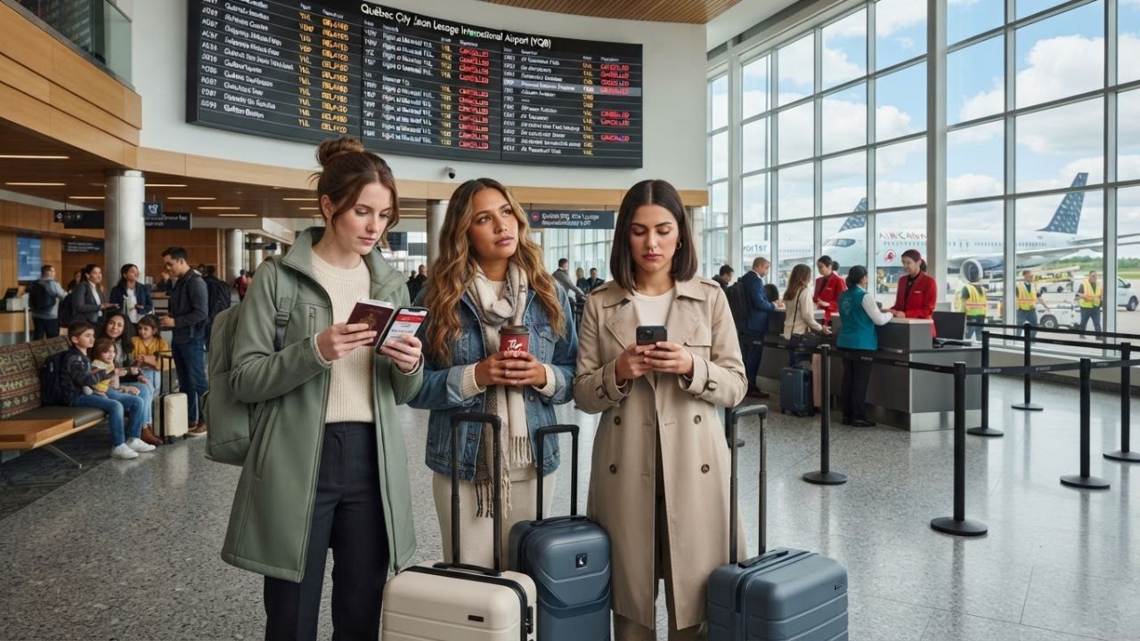 A passenger waiting area looking out at airplanes on the tarmac at Quebec Jean Lesage International Airport