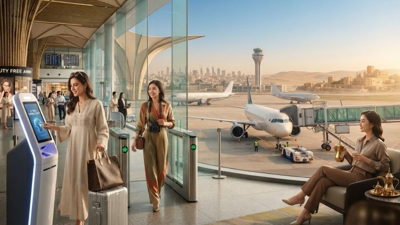 A photorealistic depiction of the terminal facade of Queen Alia International Airport in Amman under warm afternoon sun.