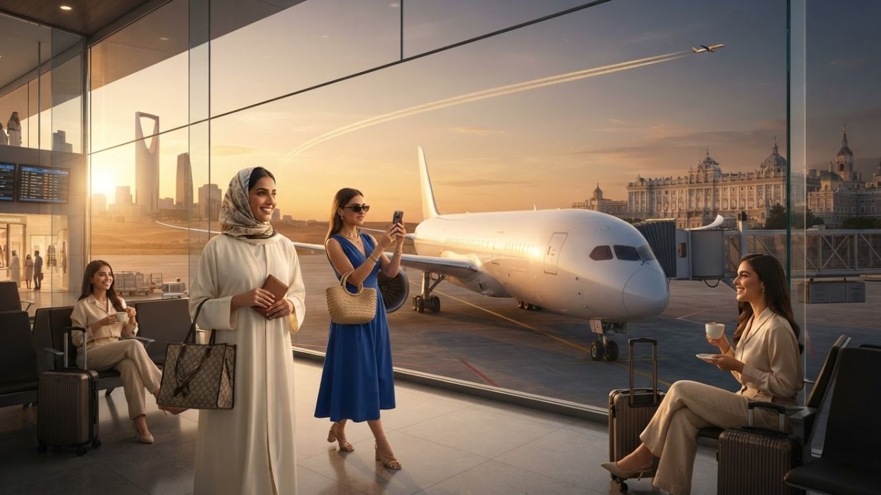 A photorealistic view of a modern widebody aircraft adorned in Riyadh Air indigo livery parked at a Spanish airport terminal.