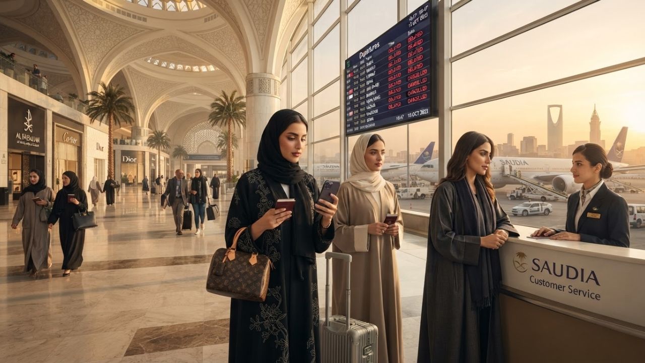 Aviation terminal screens showing flight cancellations at Riyadh King Khalid International Airport