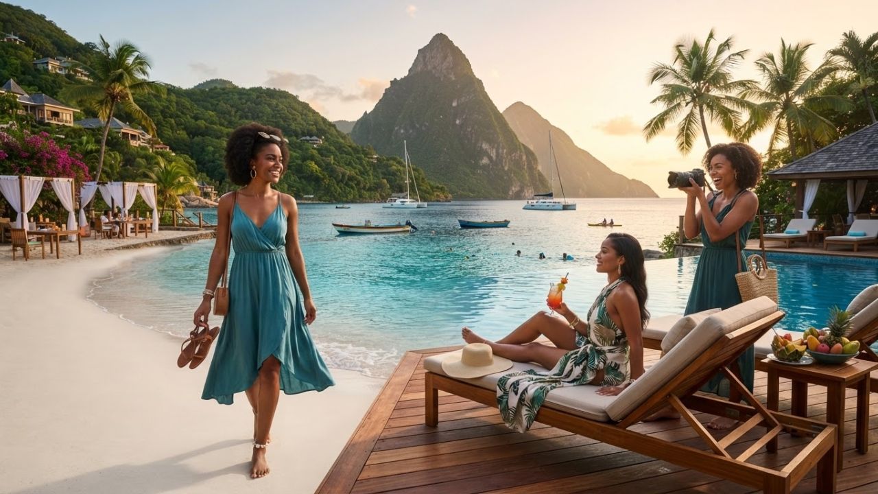 A beautiful view of the tropical golden sand beach in Saint Lucia with coconut palms and the iconic volcanic Pitons in the background.