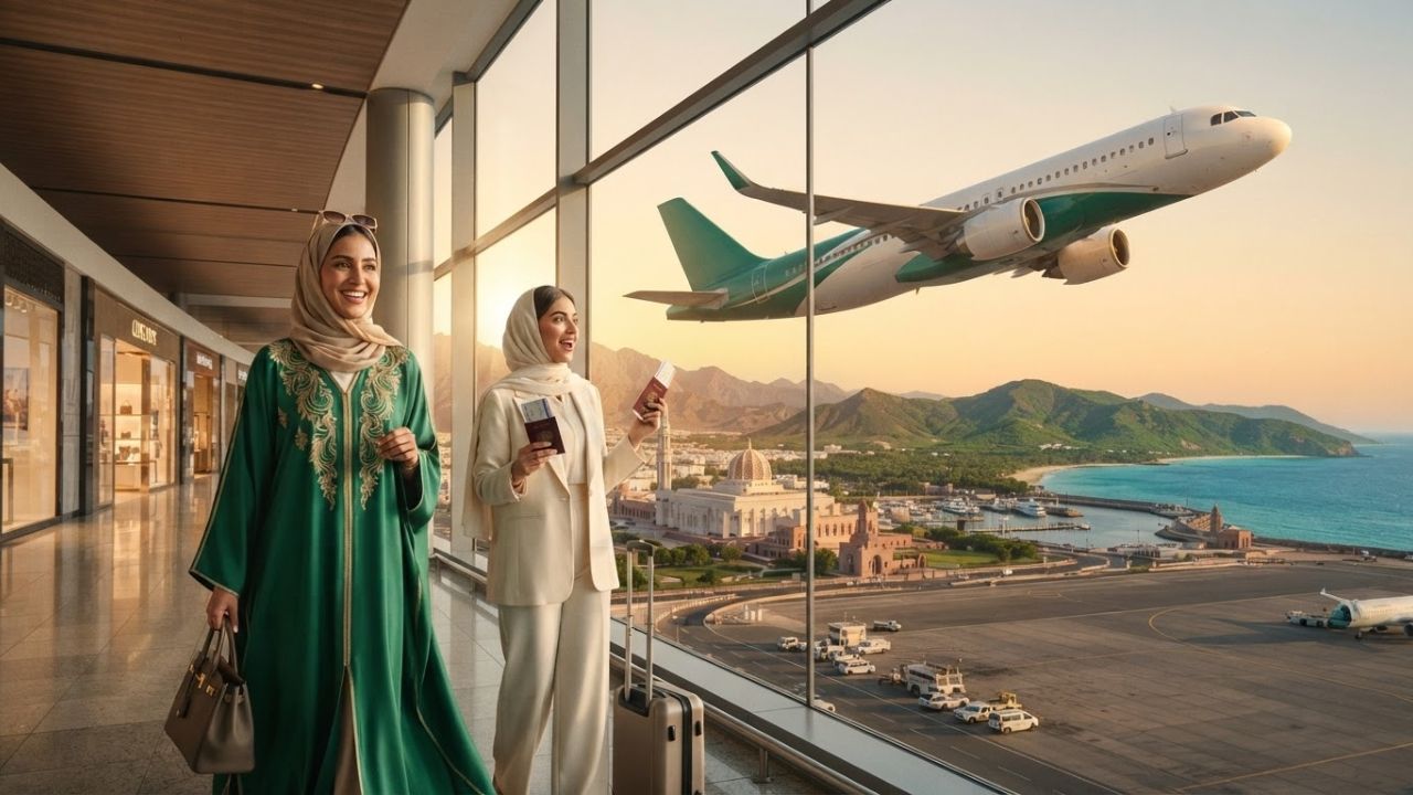 A brand new SalamAir Airbus A320neo commercial airplane flying smoothly through clear blue skies, representing Omani aviation progress.