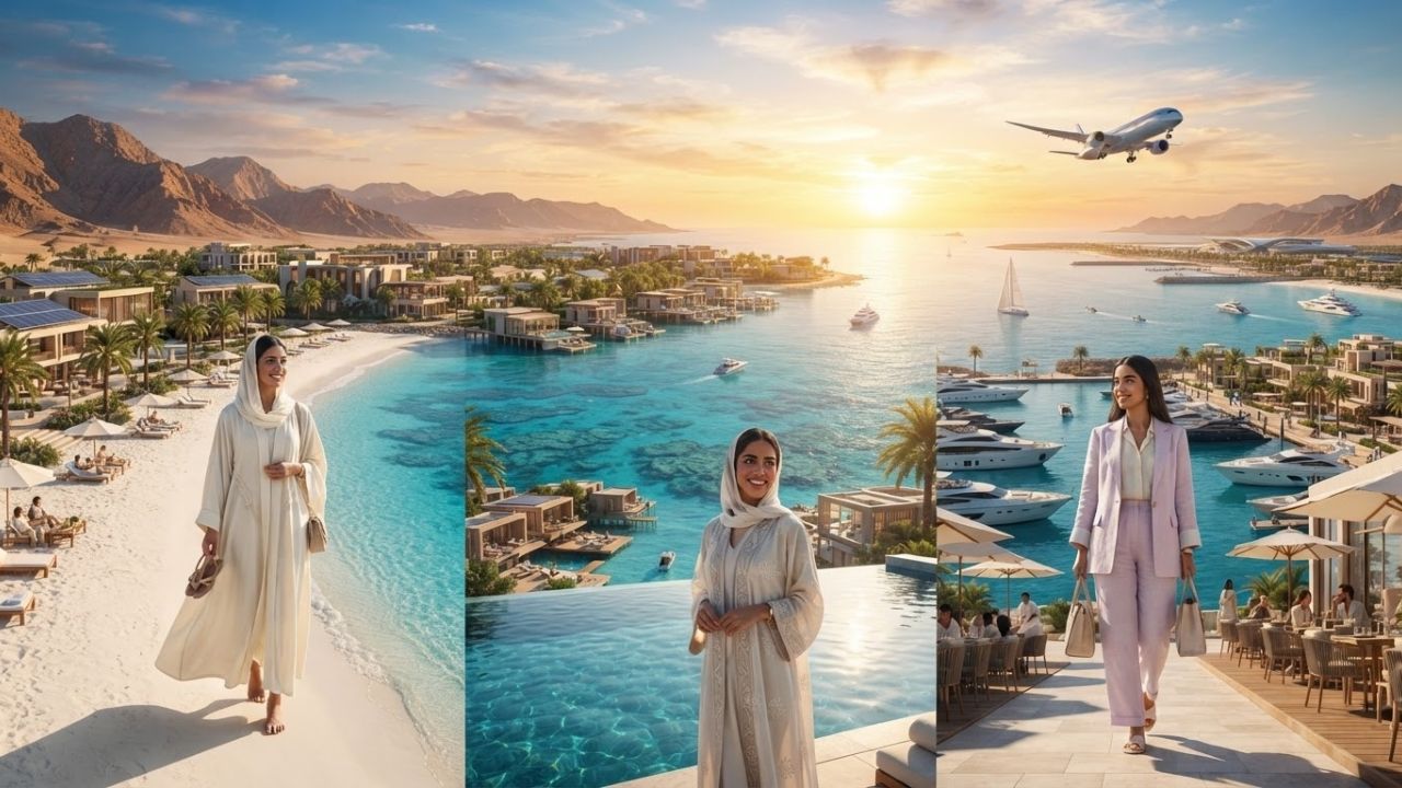 A scenic view of a modern luxury resort with private overwater villas built over crystal-clear turquoise waters on the Red Sea coast in Saudi Arabia.
