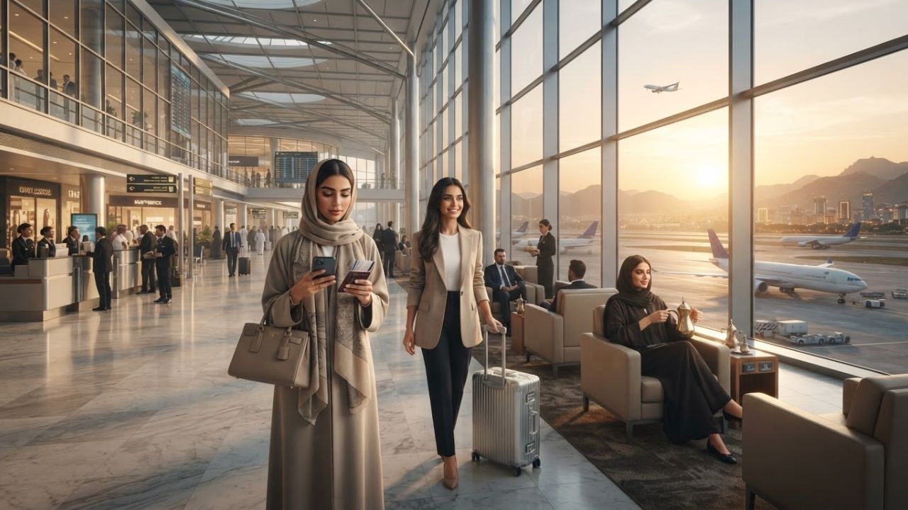 A photorealistic view of a modern Saudia commercial aircraft parked at an international airport terminal.
