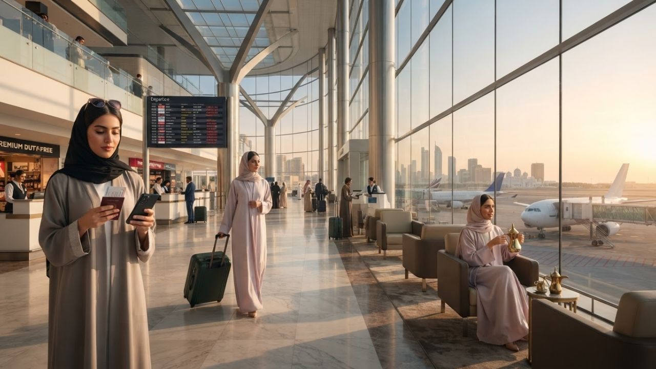 A photorealistic depiction of commercial aircraft grounded at a terminal under clear blue skies, illustrating airspace closures.