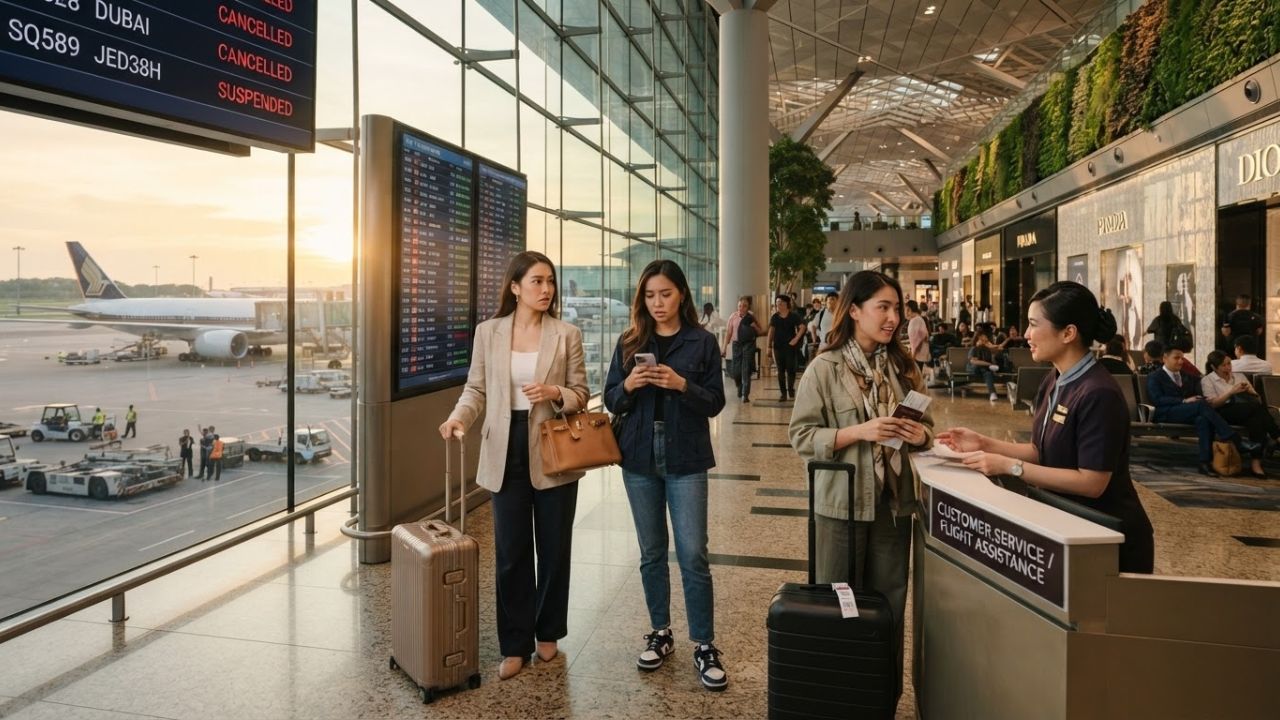A traveler reviewing flight cancellation updates on their mobile phone at a busy international airport departure terminal.