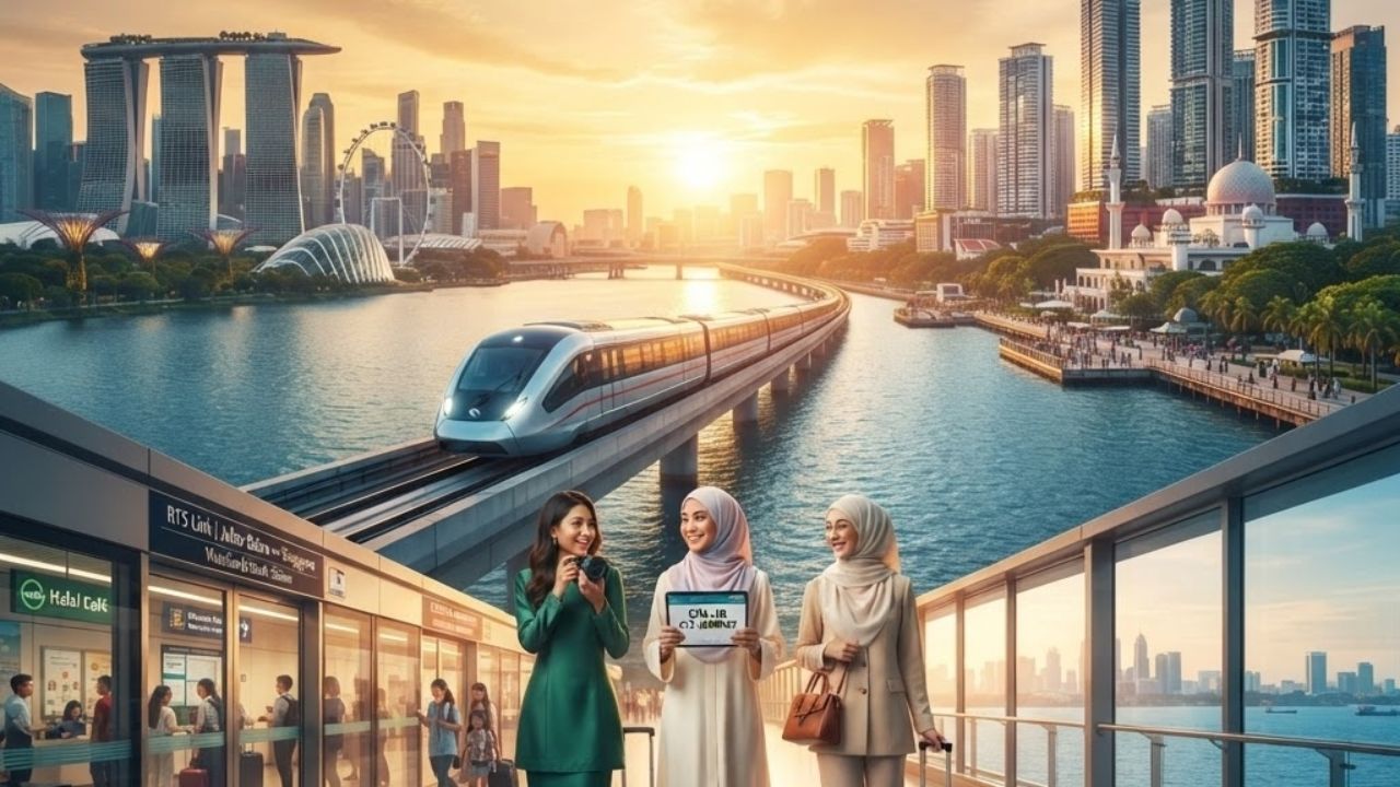 A sleek modern train representing the cross-border connectivity between Singapore and Johor Bahru, with Singapore's waterfront skyline in the background.