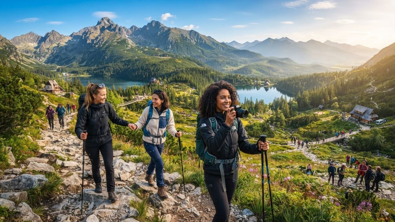 A scenic panoramic view of the majestic granite peaks and a clear glacial lake in the High Tatras, with hikers on a marked path under a bright sky.
