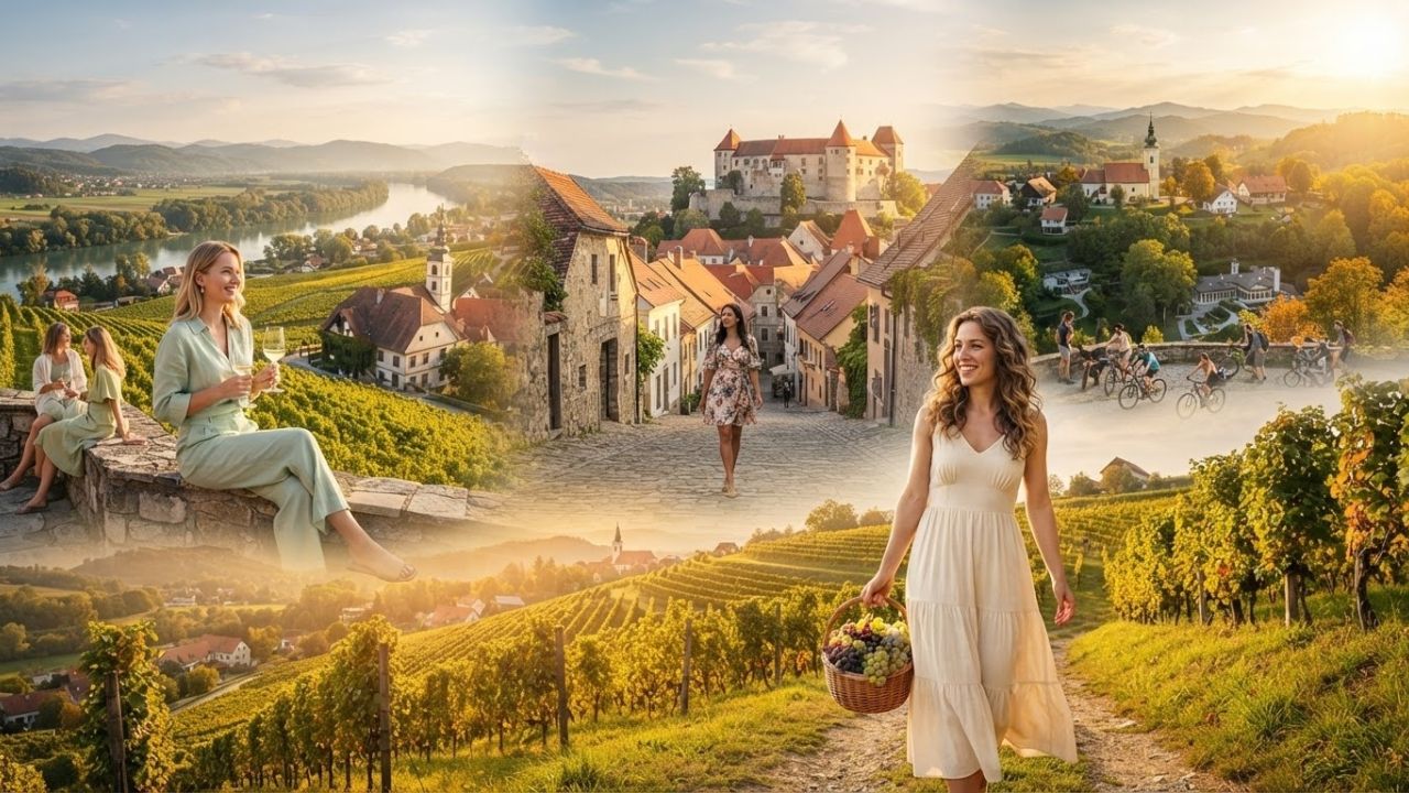 A scenic view of Ptuj Castle overlooking the red roofs of the oldest historic town and the Drava river under a clear blue sky in Slovenia.