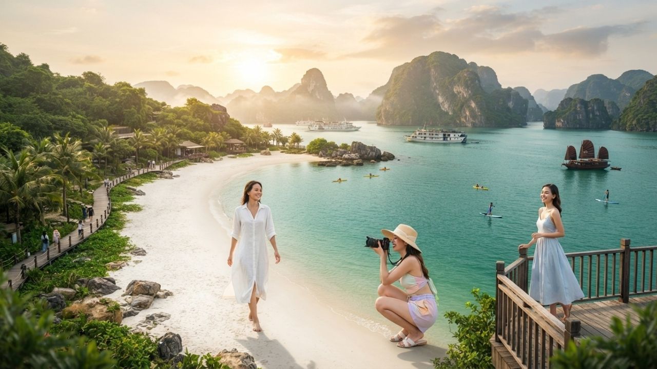 A scenic view of an emerald bay with dramatic limestone islands and a quiet white-sand beach on Soi Sim Island in Halong Bay, Vietnam.