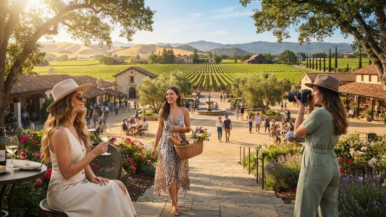 A scenic view of the historic Sonoma Plaza under clear blue skies, featuring lush trees, historic architecture, and outdoor seating.