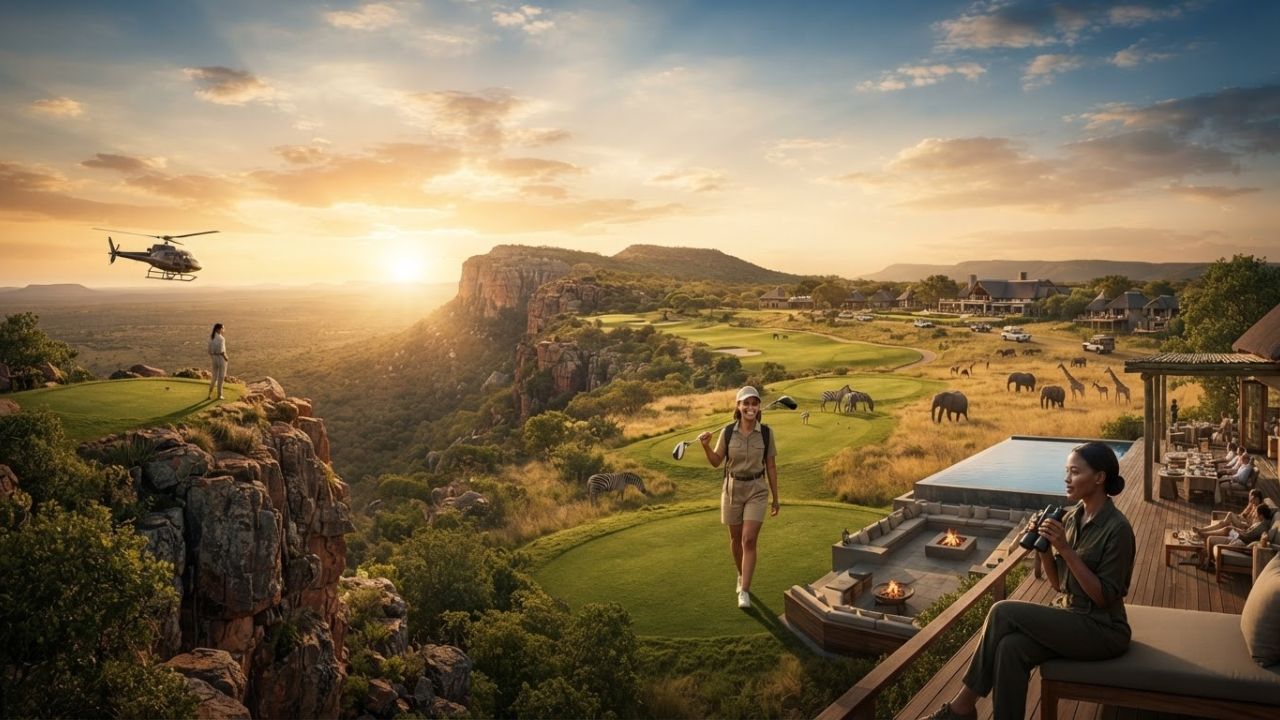 A helicopter hovering near the cliffside peak of Hanglip Mountain in Limpopo, South Africa overlooking an Africa-shaped golf green far below.