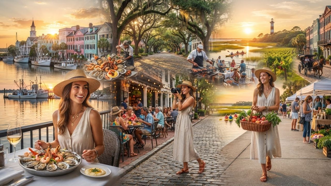 A photorealistic view of fresh Lowcountry seafood and Charleston historic dining spaces, representing food tourism in South Carolina.