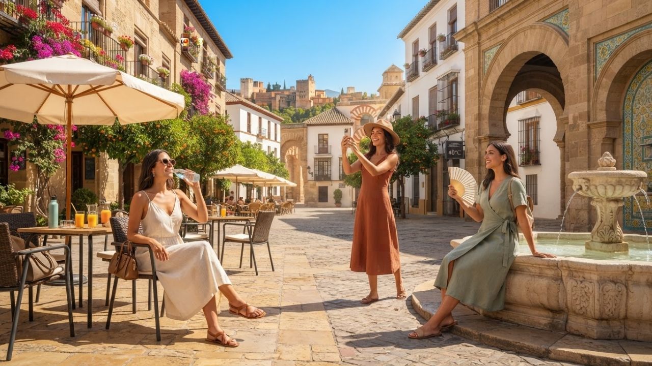 A historic sunlit street in Córdoba, Spain during a hot summer day, with white-washed buildings and strong shadows.
