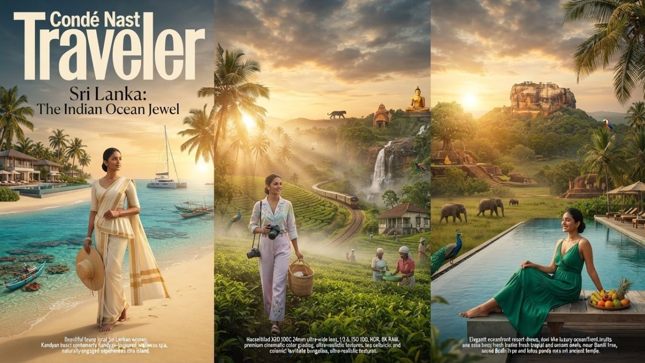 A photorealistic landscape of Sri Lanka's tropical beaches and ancient ruins under a clear blue sky, illustrating growing tourism demand.