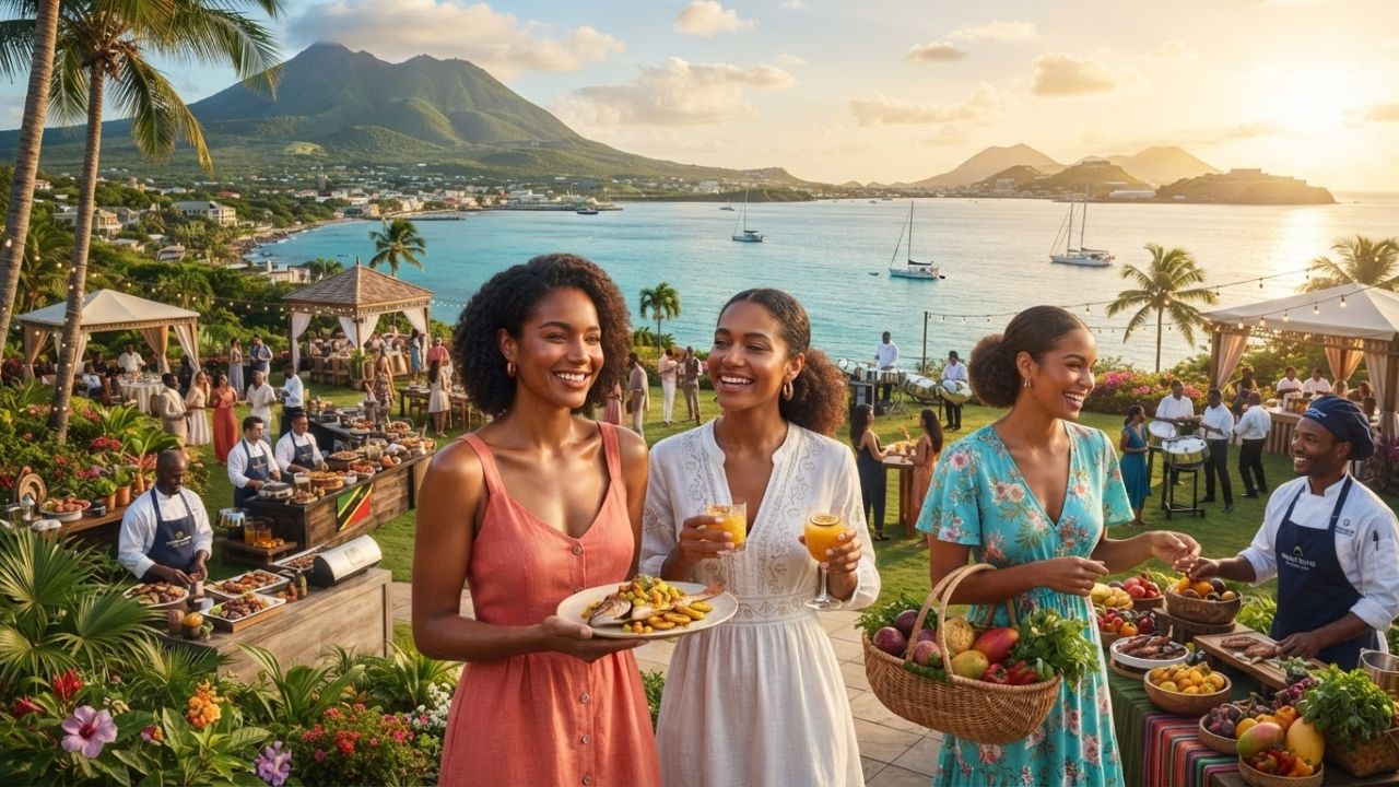 A photorealistic view of a tropical resort dining setup in Nevis under bright blue skies, with local passionfruit and carrots on display.