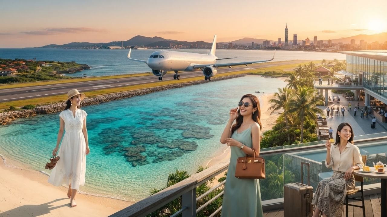 A photorealistic view of a modern STARLUX Airlines passenger plane parked on the tarmac at an island airport.