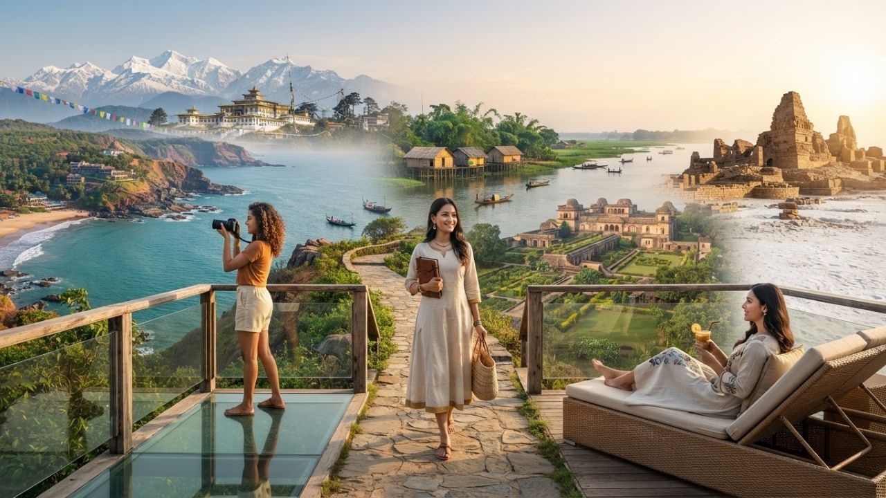 A majestic composite view showing Gokarna's tranquil coastal trails, Majuli's traditional satras, and Tawang's high-altitude valleys.