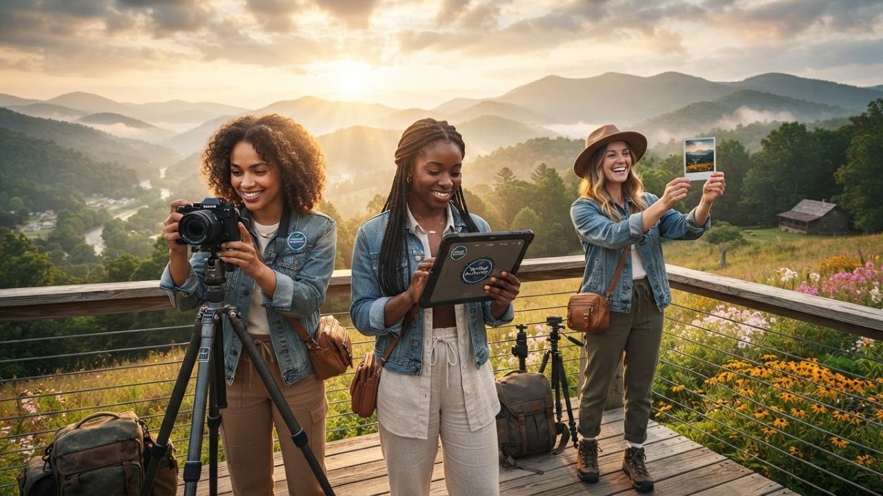 A photographer capturing a majestic sunrise over the misty valleys and green peaks of the Great Smoky Mountains in Tennessee.