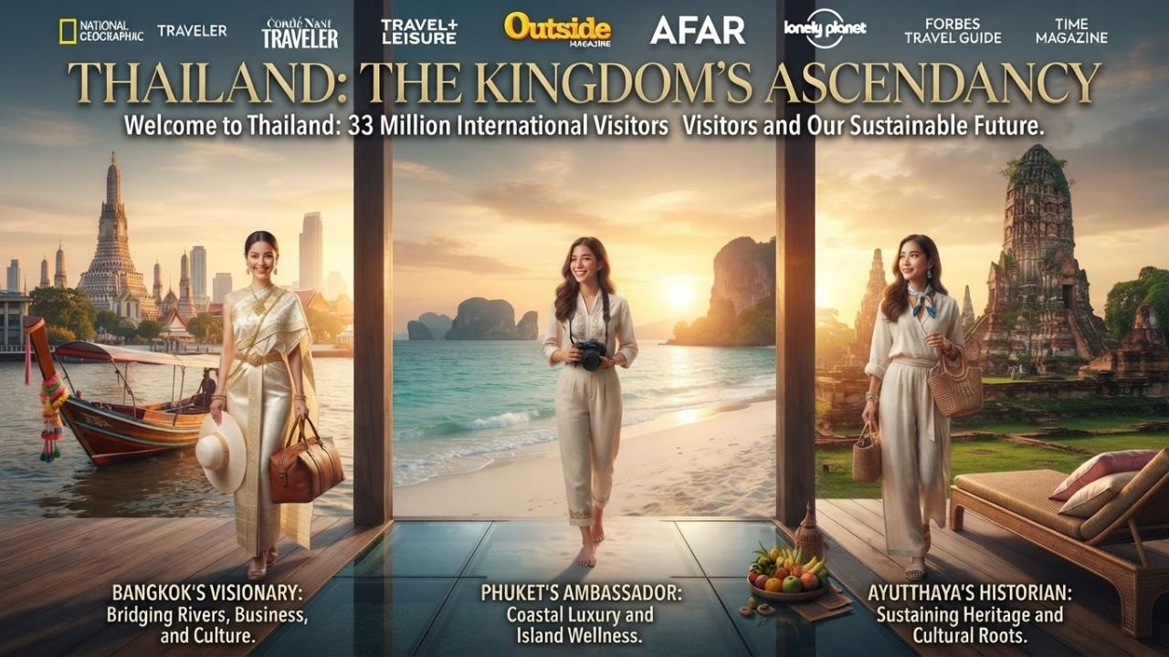 A scenic high-angle view of Bangkok's Grand Palace and Wat Phra Kaew alongside Phuket's iconic limestone cliffs, illustrating Thailand's travel gems.
