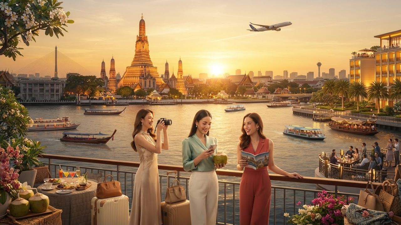 A beautiful view of Bangkok's Chao Phraya river with Wat Arun temple in the evening light.