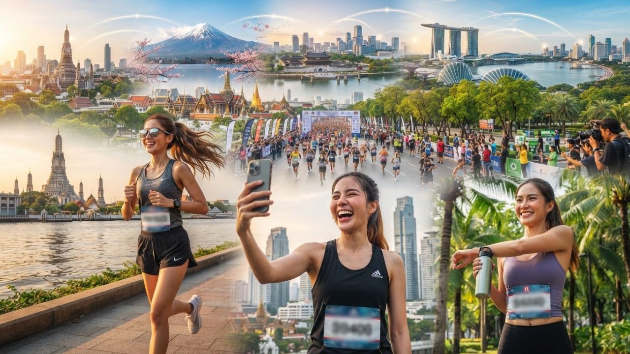 A vibrant scene of runners participating in a scenic urban marathon at sunrise, with modern skyscrapers and palm trees in the background.