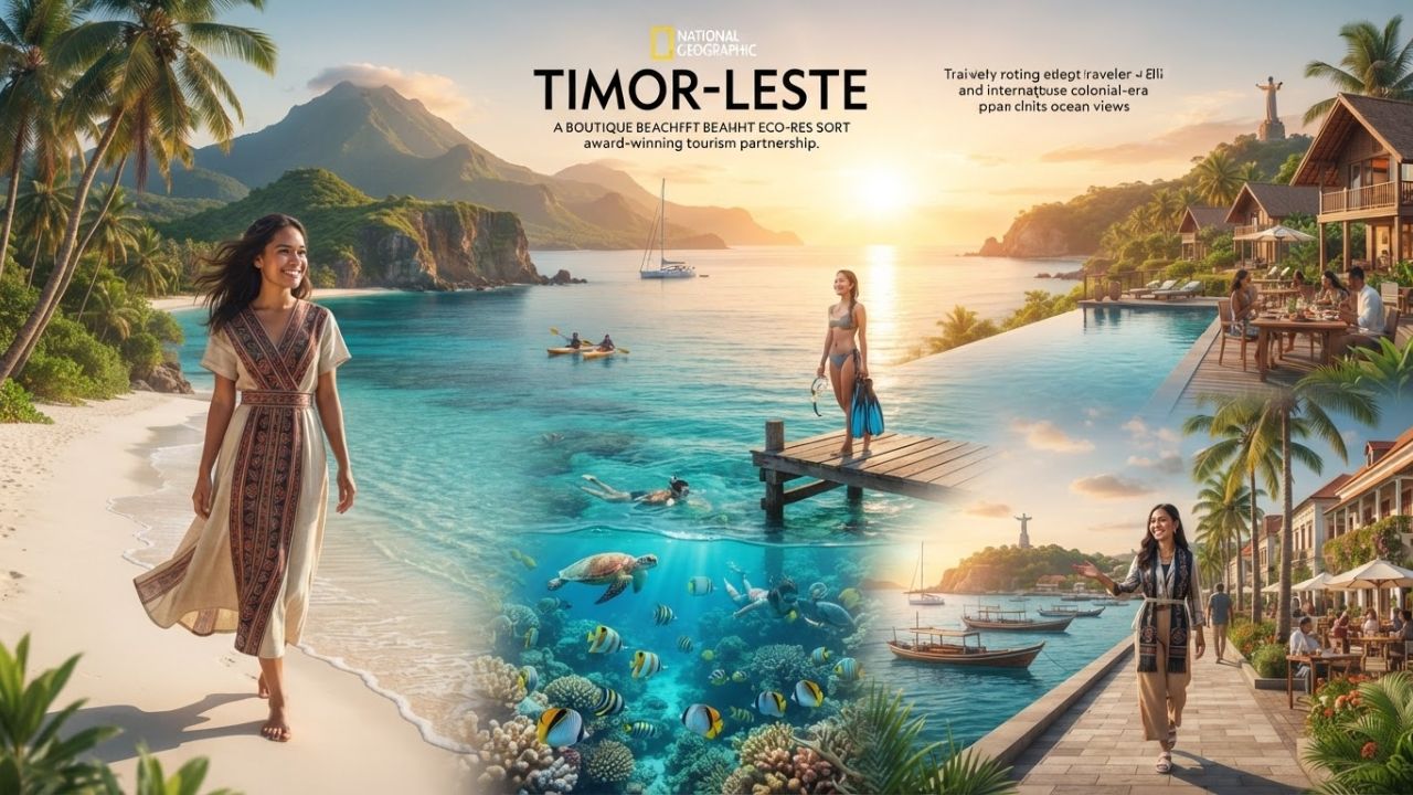 A pristine tropical beach and vibrant coral reef waters along the coastline of Atauro Island, Timor-Leste.