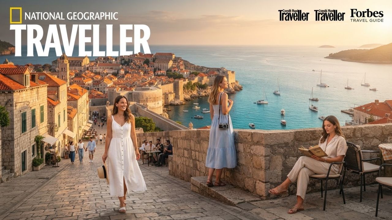 A panoramic view of Dubrovnik's medieval stone walls and orange-tiled roofs overlooking the deep blue Adriatic Sea under a sunny sky.