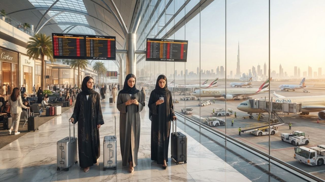 A busy terminal gate inside Dubai International Airport with airline branding and passenger crowds.