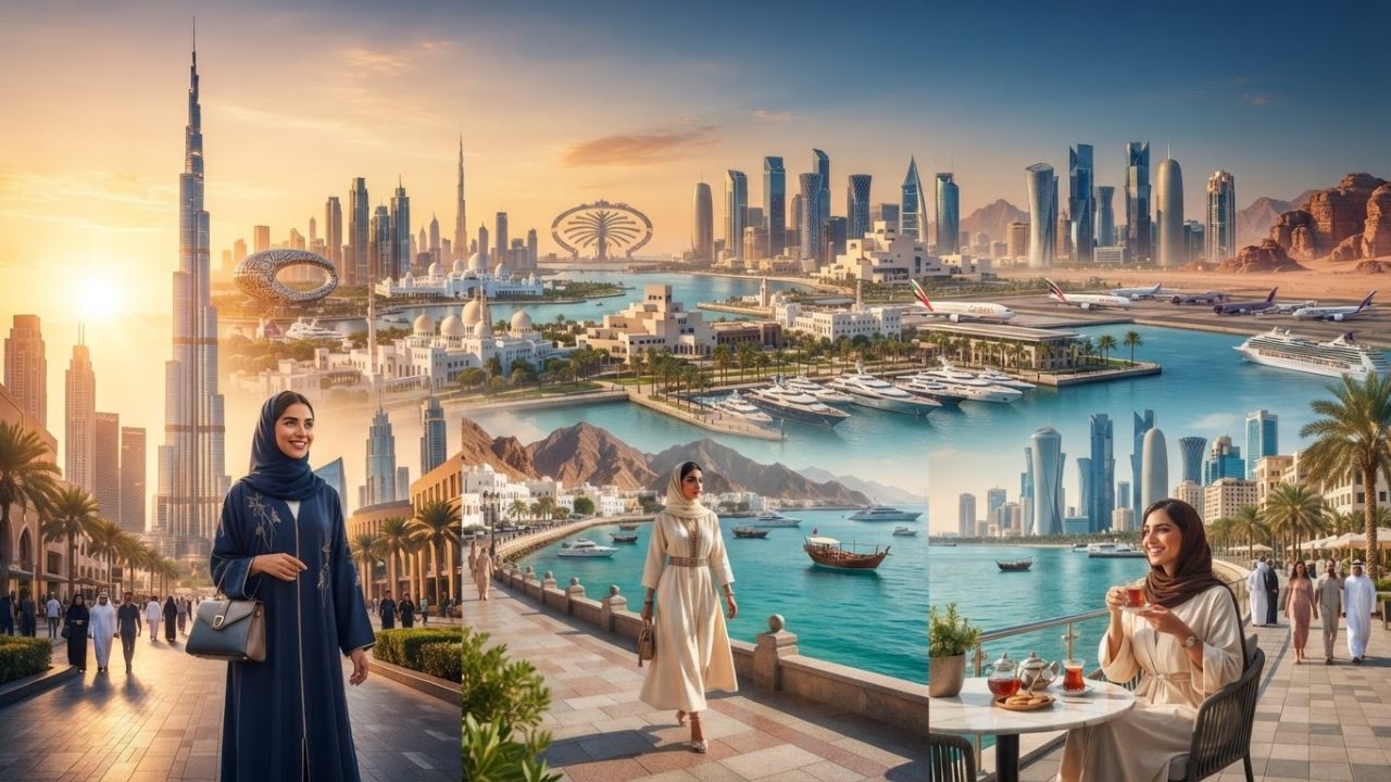 Modern aircraft flying over Middle East coastal skyline representing regional aviation connectivity