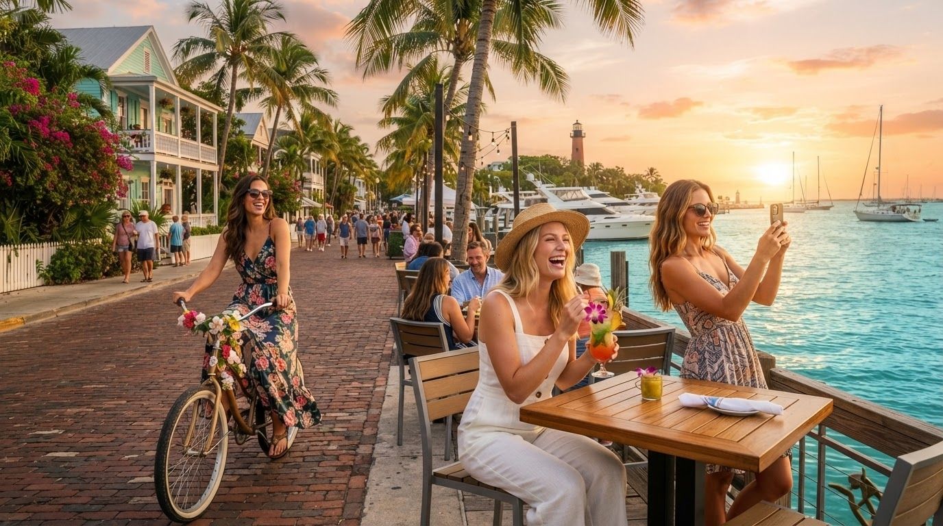 A beautiful view of the historic Key West shoreline showing colorful seaside buildings and palm trees.