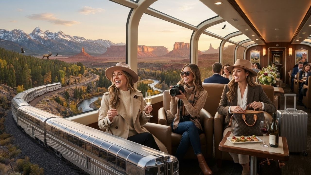 A scenic luxury passenger train gliding past towering mountains and rivers in the United States.