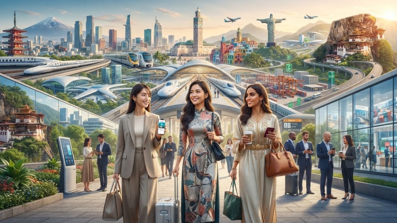 A scenic collage showing modern transport infrastructure, heritage accommodations, and international business travelers in Asia and South America.