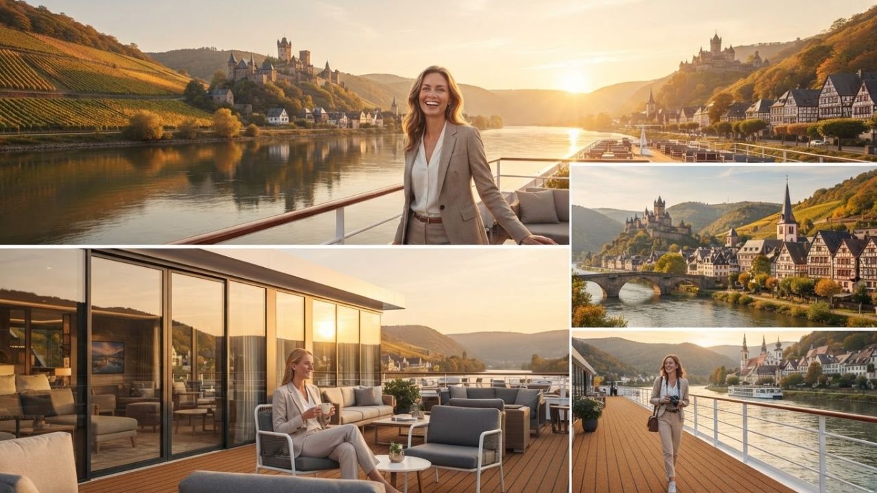 The new Viking Dagur Longship sailing along a scenic European river surrounded by historic architecture and natural landscapes.