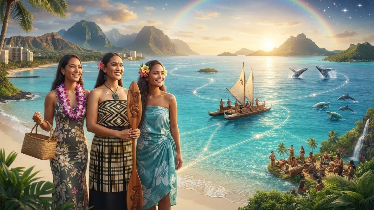 A traditional Polynesian double-hulled voyaging canoe sailing on calm Pacific waters during a soft sunrise, surrounded by tropical volcanic islands.