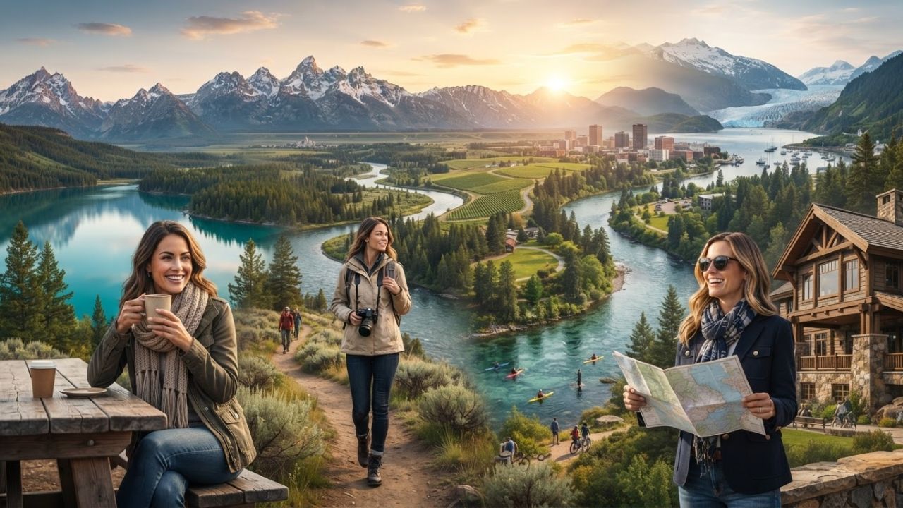 A photorealistic depiction of active retirees hiking near a scenic mountain lake in the American West under clear blue skies.