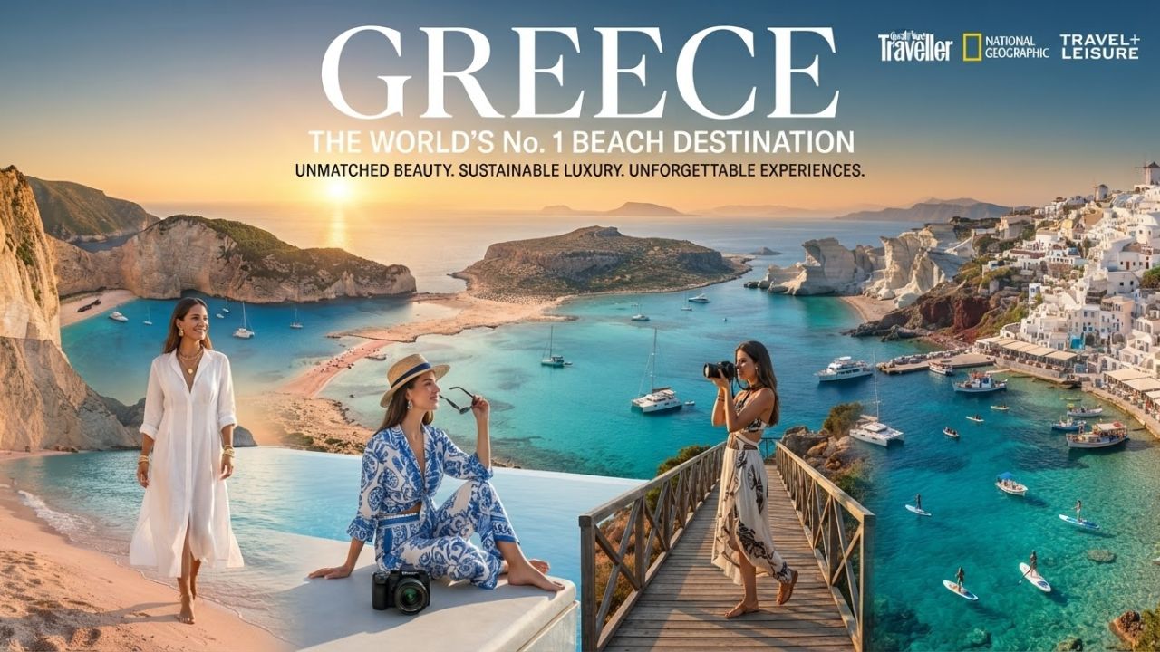 A scenic overview of a pristine, white-sand beach with turquoise waters bordered by steep limestone cliffs in Greece.