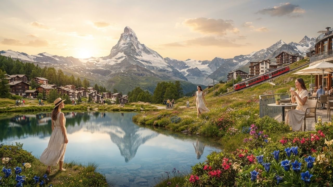 A pristine summer view of Lake Stellisee reflecting the majestic peak of the Matterhorn in Zermatt, Switzerland.